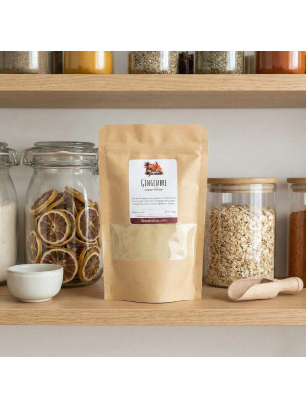 sachet de gingembre en poudre sur étagère