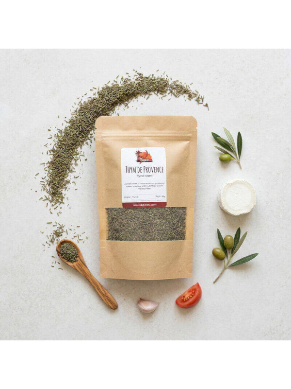 sachet de thym séché ile aux epices sur table